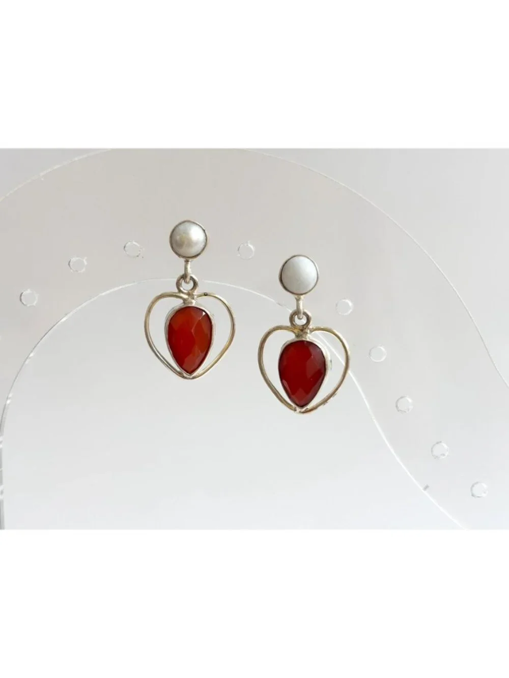 Ruby Corondum & Cultured Pearl Heart Shaped Vintage Sterling Silver 925 Earrings